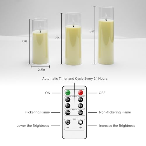 Flickering Flameless Candles Battery Operated with Remote and 2/4/6/8 H Timer Plexiglass Led Pillar Candles Pack of 9 (D2.3"xH 6"7"8")with Realistic Moving Wick Candles for Home Decor(Ivory)
