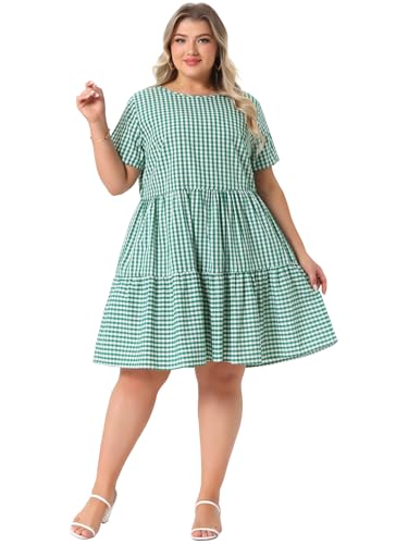 Image of Agnes Orinda Plus Size Gingham Dresses 1950s Vintage Plaid Round Neck Short Sleeve Tiered Midi Summer Dress