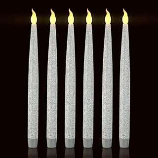 Furora LIGHTING Silver LED Flameless Taper Candles, Window Candles, Candle Lights, Long Candles, Battery Powered Candles, Electric Candles with 6 Hour Timer Function - Silver 11.5", Pack of 6