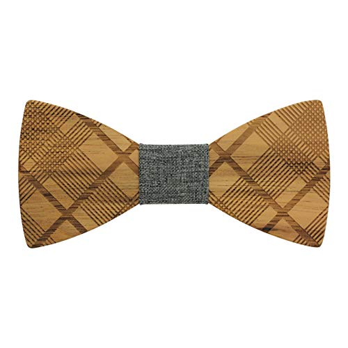 Diagonal Plaid Zebrawood Bow Tie with Grey Denim Centre
