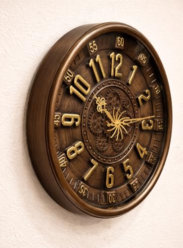 Image of Big Size Designer Wall Clock 13.5 Inch for Living Room Gear Design Seconds Needle | Unique Wall Watch for Bedroom, Office, Kitchen, Hall| No TIK-TIK Decorative Clock for Home Decor.(Brown)