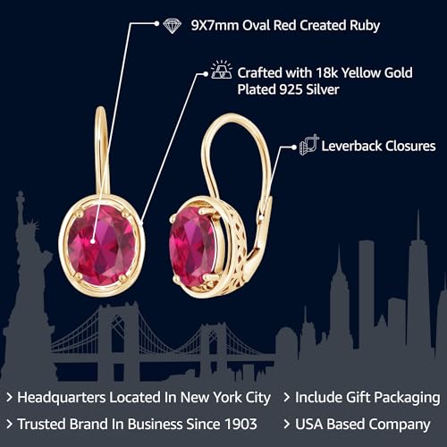 Gem Stone King 18K Yellow Gold Plated Silver Red Created Ruby Dangle Earrings For Women (4.00 Cttw, Oval 9X7MM)2