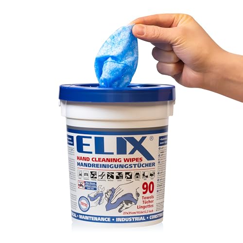 ELIX Handreinigungstücher - 90 Stück im stabilen Eimer - Weiche und Abrasive Seite - Größe 31 * 27 cm - Feuchttücher zur Handreinigung - Hände und Werkzeugen reinigen ohne Wasser und Seife - Blau
