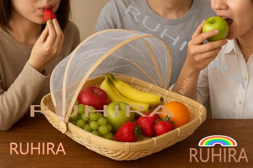 Image of Multipurpose Bamboo Storage Basket with Mesh Net Cover, Food Serving Tent Tray, Fly Proof Fruit Vegetable Bread Organizer, Picnic Outdoor Kitchen Countertop Use | Pack Of 1
