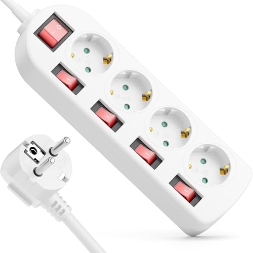 deleyCON Regleta 4 Tomas - Interruptor ON/Off - Control Individual - 5m Cable - 4X Toma Base Múltiple Corriente Distribuidor Extensión Regleta Hogar Oficina 3680W 16A - Blanco