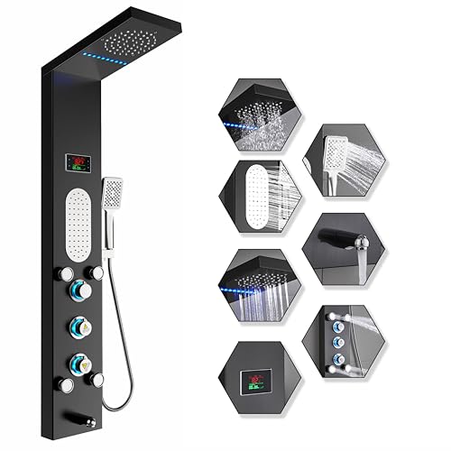 Image of ELLO&ALLO LED Shower Panel Tower System, Rainfall and Mist Shower Head Rain Massage with Body Jets, Brushed Black