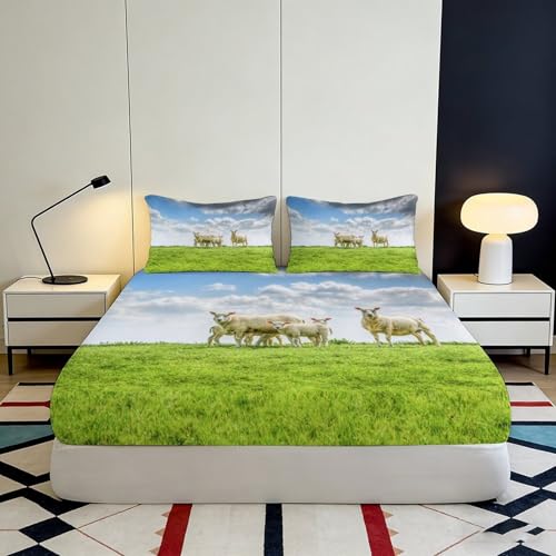 Drap-housse 140x200 cm microfibre imprimé moutons champêtres - 4