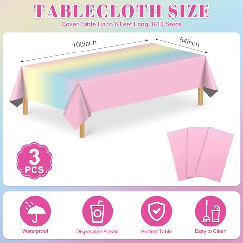 Image of NatNarr 3 Pack Plastic Pastel Tablecloths, 54 x 108 Inch Disposable Princess Table Cloth Rainbow Table Cover Waterproof Rectangle Birthdays Party Tablecloth for Girl Princess Birthday Party Supplies