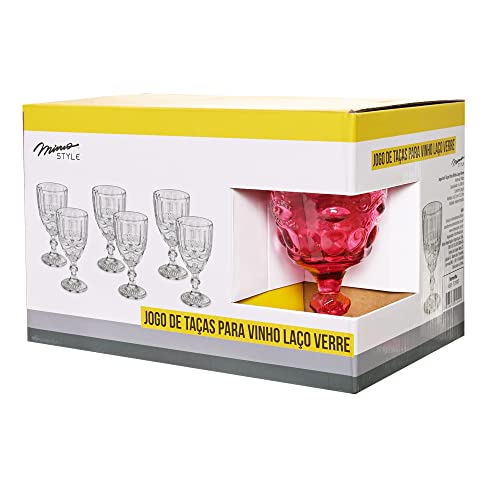 Mimo Style Jogo de 6 Taças de Vidro Vermelho Vitral com Capacidade de 240ml com Alto Relevo em Laço