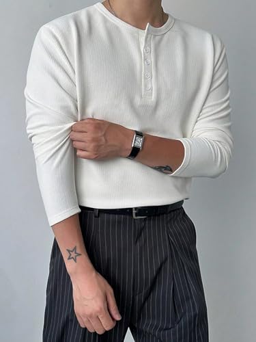 Image of Trillion Men's Textured Fabric Solid Color Basic Half-Open Collar T-Shirt, Fall Long Sleeve Men Shirt | Tshirt for Men