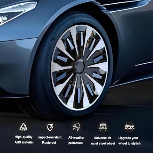 Image of Hubcap Wheel Cover Replacement R16 Hub Caps Universal-Fit Steel Wheel Rim Cover ABS Material Exterior Accessories for Car Truck SUV -Set of 4(16-inch,Silver-Black)