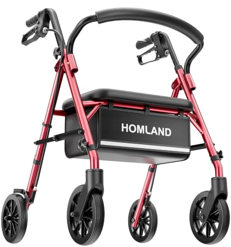 Image of HOMLAND Foldable Walkers for Seniors with Seat, 16lb Light Rollator Walkers | 22 inch Wide, 5-Level Height Adjustable, for Narrow Spaces, Comfortable Elastic Seat, Portable Rollator, Stylish Colors, Red