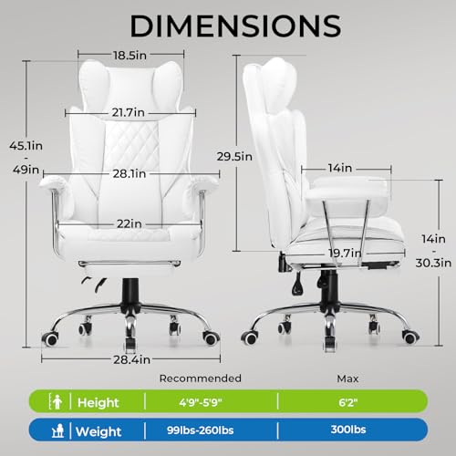 GTRACING Ergonomic Gaming and Office Chair with Lumbar Support, Armrests, and Footrest (White PU Leather)