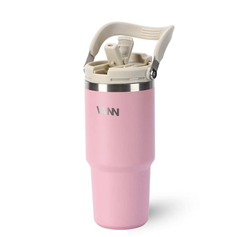 VANN Trinkflasche 750ML mit Strohhalm - 3-fach isoliert [24h kalt 12h warm] | Thermosflasche für Fitnessstudio, Sport - Trinkflasche Edelstahl BPA-Frei - Wasserflasche Auslaufsicher - Tumbler Rosa