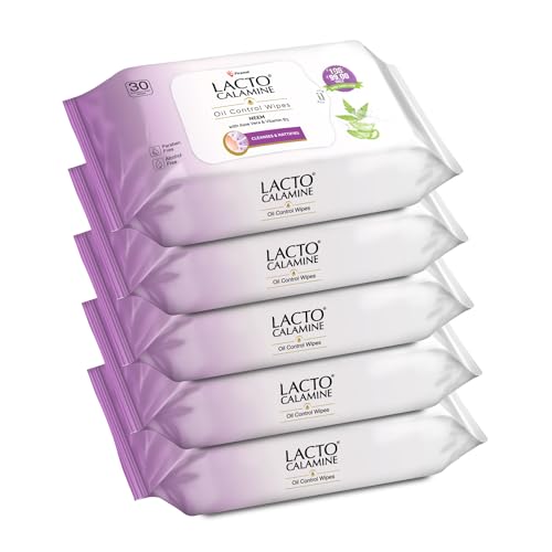 Image of Lacto Calamine Oil Control Face Wipes 30N each- Pack of 5 | Makeup Remover Wipes | Wet Tissue for Face With Neem, Aloe Vera & Niacinamide | Wet Wipes for Women & Men | Pararben & Alcohol Free