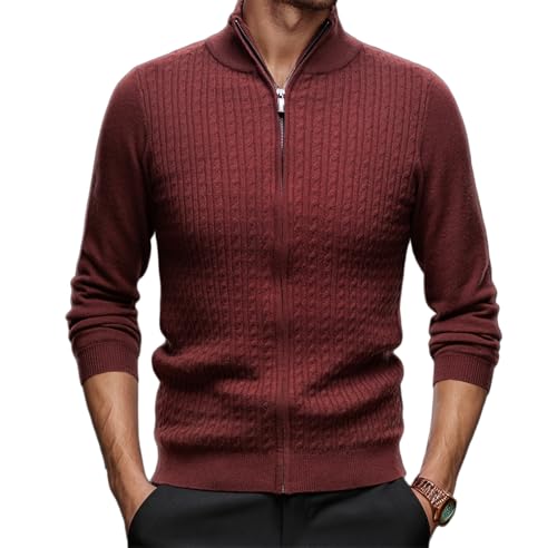 Men's Mock Neck Zip Up Cardigan 100% Wool Classic Knit Long Sleeve Zipped Sweater