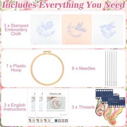 Image of Mindsoft 3 Set Needlepoint Kit for Beginners with Hoop,Flower Hummingbird