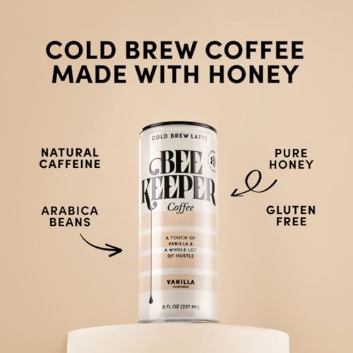 Image of Beekeeper Vanilla Latte Cold Brew Coffee Drinks with Oregon Honey | 12 Pack Refreshing Iced Coffee - Unsweetened & Strong Arabica Brew, 8 fl oz Ready-to-Drink Can - 180mg Natural Caffeine