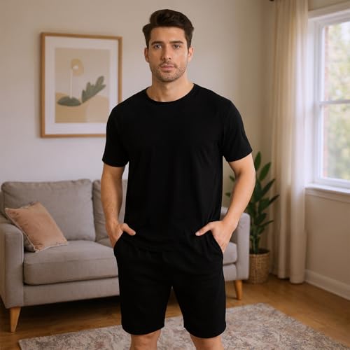 Mens Short Pajamas Set with Pockets,Black,X-Large