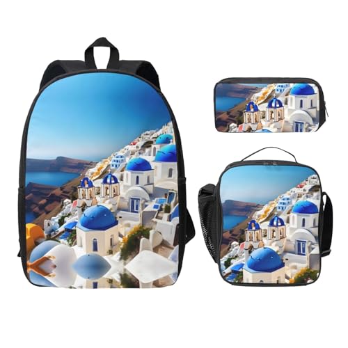 Sac à dos Santorini 3 pièces noir avec boîte à déjeuner et trousse