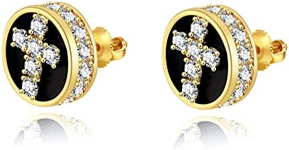RANKEEF Aretes Para Hombre Iced Out Circle Cross Stud Earring for Men 18K Gold Sliver Plated Round CZ Screw Back Earrings Hip Hop Jewelry for Women