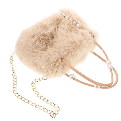 FOYTOKI Bolso de Hombro de Felpa Sintética Grande para Mujer Bolso Bandolera Peludo Marrón Claro con Cadena de Perlas de Gran Capacidad para Fiestas y Uso Diario