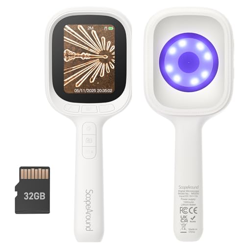 ScopeAround Digital Microscope, Autofocus Handheld Microscope, Magnifier with 2.8' IPS Screen and LEDs, Portable Magnifying Glass, 32 GB MicroSD Memory Card, Compatible with Mac/Windows
