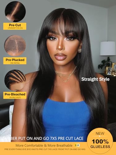Image of 7x5 Glueless Wig Fluffy Natural Loose Wave Curtain Bangs Human Hair | Lace Front Wig 180% Density Wigs Human Hair Pre Plucked Invisible Knots Pre Everything Ready to Wear Body Wave Wig 24inch