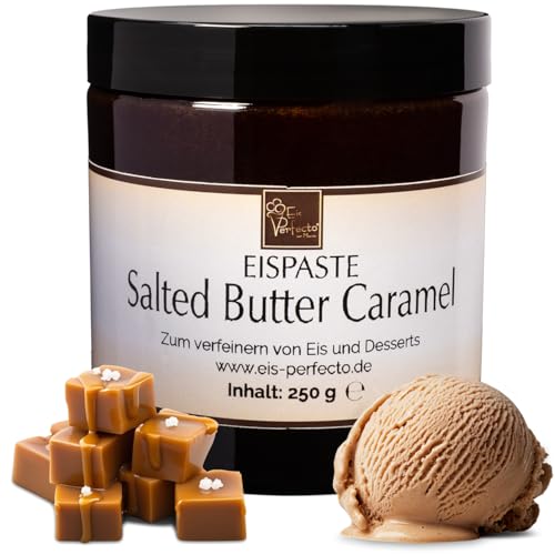 Salted-Butter-Caramel-Eispaste für köstliches, cremiges Eis mit intensivem Geschmack von salzigem Butterkaramell. Auch zum Verfeinern von Desserts uvm.» Inhalt 250 g