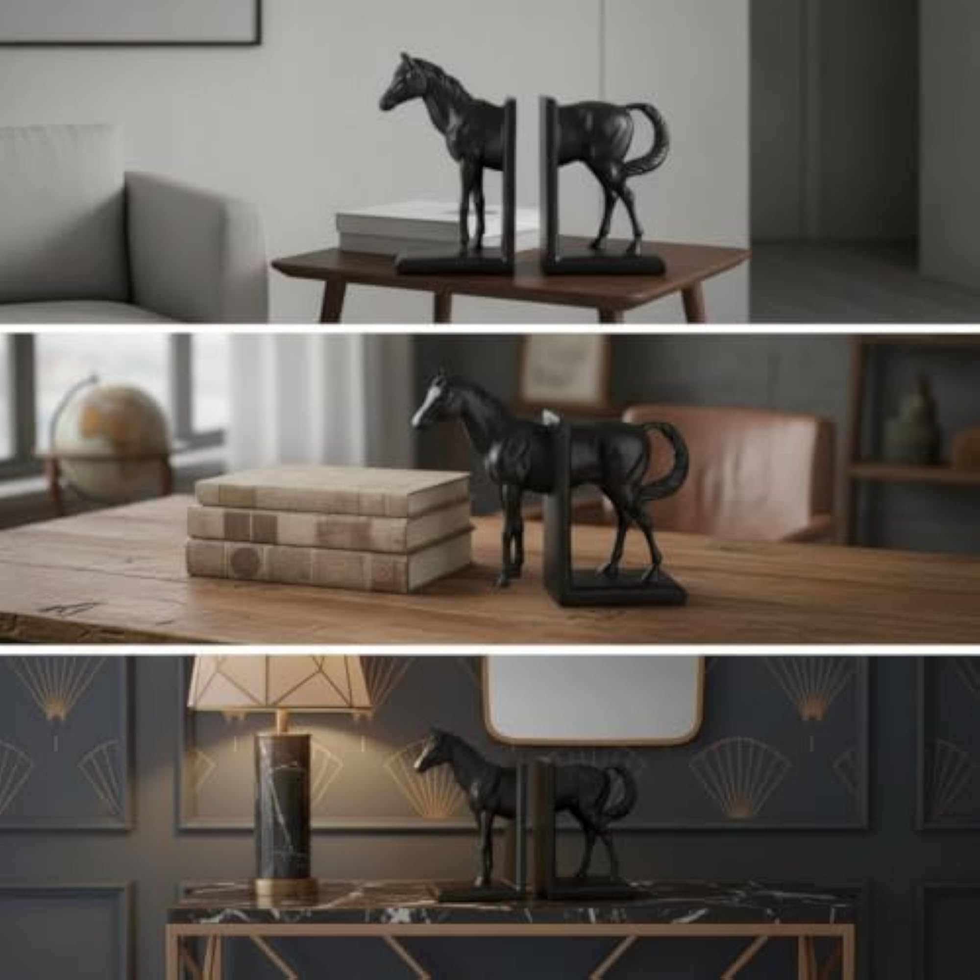 Mirrored Horse Bookends Sculpted Bookends with Rectangular Base
