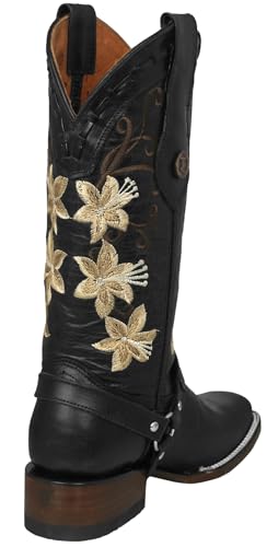 Texas Legacy Womens Annie Black Western Boots Leather Floral Embroidery Boot Straps3