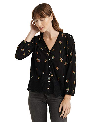 Lucky Brand Women's Long Sleeve V Neck Button Up Printed Peasant Top, Black Multi, S