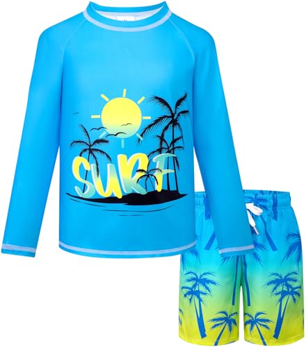 Image of Boys Two Piece Rash Guard Swim Set Toddler Kids Long Sleeve Bathing Suit Swimwear Shirt with Trunks Quick Dry 5-12Y