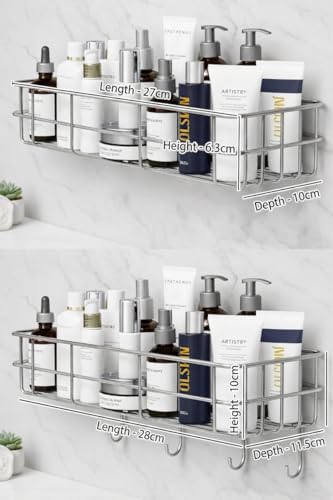 Image of SaleOn Stainless Steel Lifetime Rust Free Self Adhesive Shelf Rack Set of 2 for Kitchen & Bathroom | No Drill Wall Mount Sink Organizer with Hooks | Kitchen Sink Wall Organiser | 1 Year Warranty