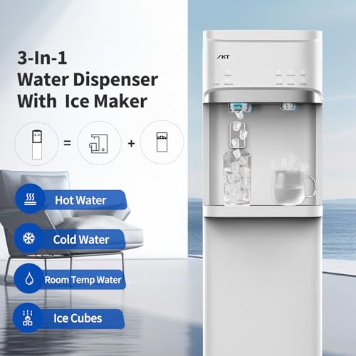 Image of IKT Self Cleaning 4 in 1 Water Cooler Dispenser with Ice Maker for 5 Gallon Bottle Bottom Loading 22lbs Daily Capacity Empty Bottle Light Ice Full Alert White