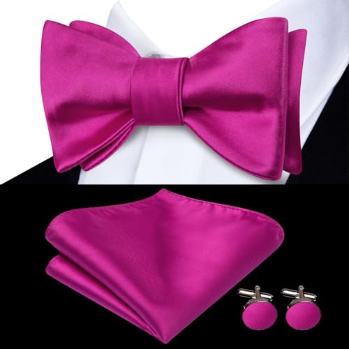 Image of Hi-Tie 5Pcs Mens Solid Color Silk Tie Satin Pretied Bowtie Lapel Pin for Men Handkerchief Cufflink Wedding Gift Box