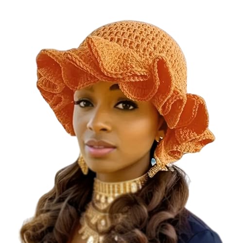 Image of Women Crochet Bucket Hat Cute Winter Ruffled Brim Floppy Cap Handmade Knit Cloche Hats