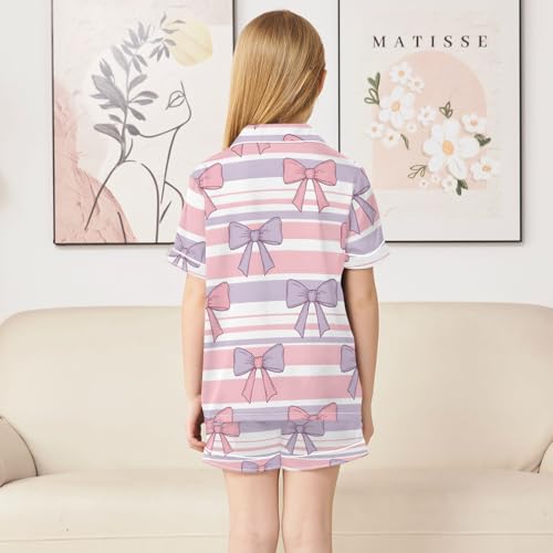 Satin Pajama Sets Short Sleeve Bow Stripes Pink Purple Background Button Down Silky Nightwear 2 Piece PJS 5-14Y4