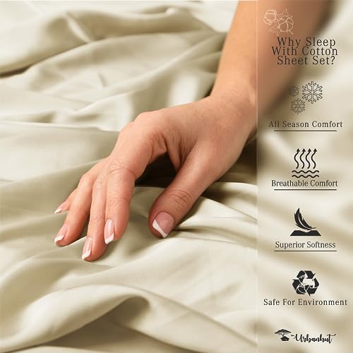 URBANHUT 800 Thread Count Twin Size Egyptian Cotton Sheets Set,3 Pc Bed Sheet Sets for Twin Size Bedding, Luxury Hotel Sheets Sateen Finish Fits 16" Deep Pocket - Ivory