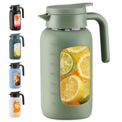 68oz Glass Pitcher with Handle and Lid,Borosilicate Leakproof Glass Water Pitcher for Fridge, Multifunctional Iced Tea Pitcher Glass Carafe for Cold Brew Lemonade Juice and Sun Tea
