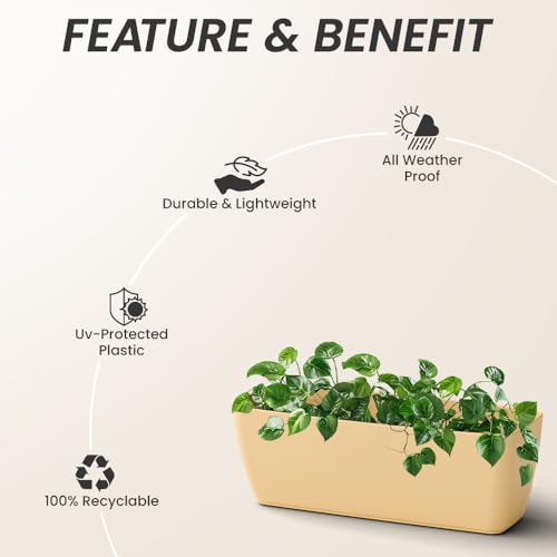 Image of YUCCABE ITALIA SHERA CABI Tray 16 INCH Plastic Flower Tray Pot Unbreakable Rectangular Planter Suitable for Home Garden Seedling Indoor and Outdoor (Beige, Pack of 3)