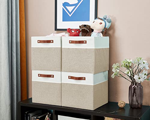 Image of DECOMOMO Fabric Cube Storage Bins - Storage Baskets for Shelves, Cube Storage Organizer for Kallax and Cubbies (Beige & White, 11 inch Cube) - 4 Pack