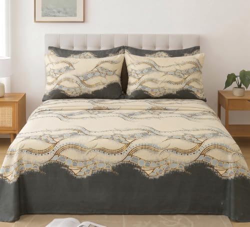 Image of IVAZA 240 TC Soft Ezyption Cotton Floral Print King Size Bedsheet - with 2 Pillow Covers, Hypoallergenic, Brethable, (Size- 90 x 90 Inch) Beige Black