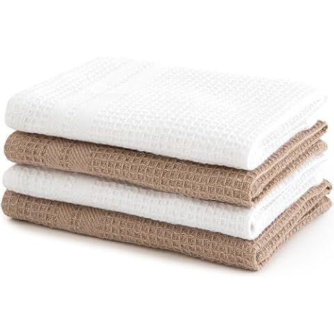 Sticky Toffee Waffle Dishcloths 100% Cotton, Set of 4, Tan and White Dish Cloths Sets for Kitchen, Kitchen Towels, Reusable, Absorbent Cleaning Cloths, Oeko-Tex Cotton, 12 in x 12 in Cover