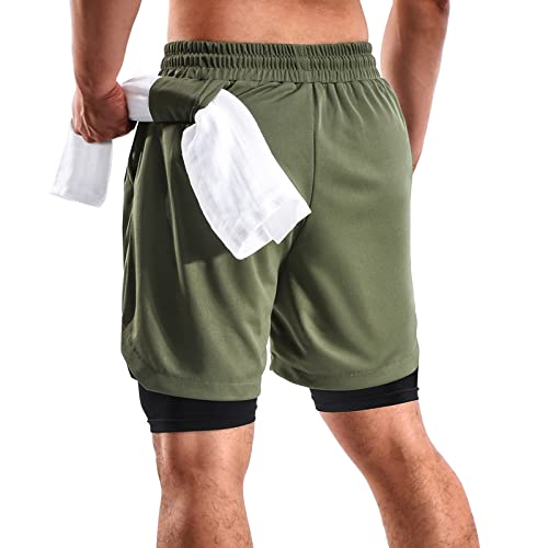 Fioneca 2 In 1 Mens Shorts Casual 2 Pack, Running Gym Shorts For Men 7 Inch, Workout Shorts Men With Pockets &Towel Loop -(Black&Army Green,L) #TOP1