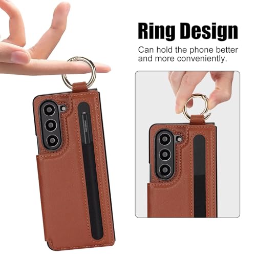 Étui portefeuille Samsung Z Fold 5 marron avec bague support et étui pour S Pen - 5