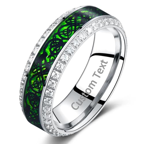 Mens Wedding Band with Celtic Dragon 8mm, Lightweight Titanium Ring with Green Carbon Fiber and White CZ, Dome Style, Comfort Fit Inner, Customizable, Gift for Birthday Anniversary, Size 7-12