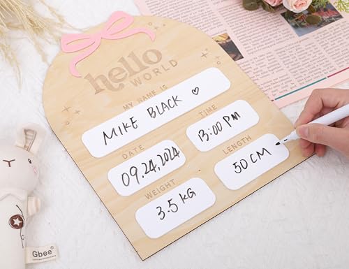 Image of Bow Baby Birth Announcement Sign-Wooden Milestone Card, Hello World Sign, Nursery Decor, Birth Announcement Board, Decorative Photo Props Baby Shower, and Souvenirs