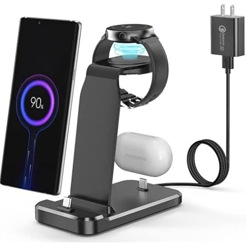 Charging Station for Samsung Multiple Devices,3 In 1 Fast Charging Stand Wireless Charger for Samsung Galaxy Watch 5/5 Pro/4/3/Active,Galaxy S23/S22/S21/S20/Note20/Note10/Z Flip 4/Z Fold 4,Galaxy Buds Cover