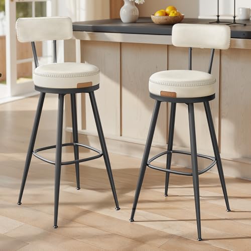 VASAGLE EKHO Collection - Bar Stools Set of 2, Swivel Bar Height Bar Stools with Back, Synthetic Leather with Stitching, Mid-Century Modern, 30-Inch T